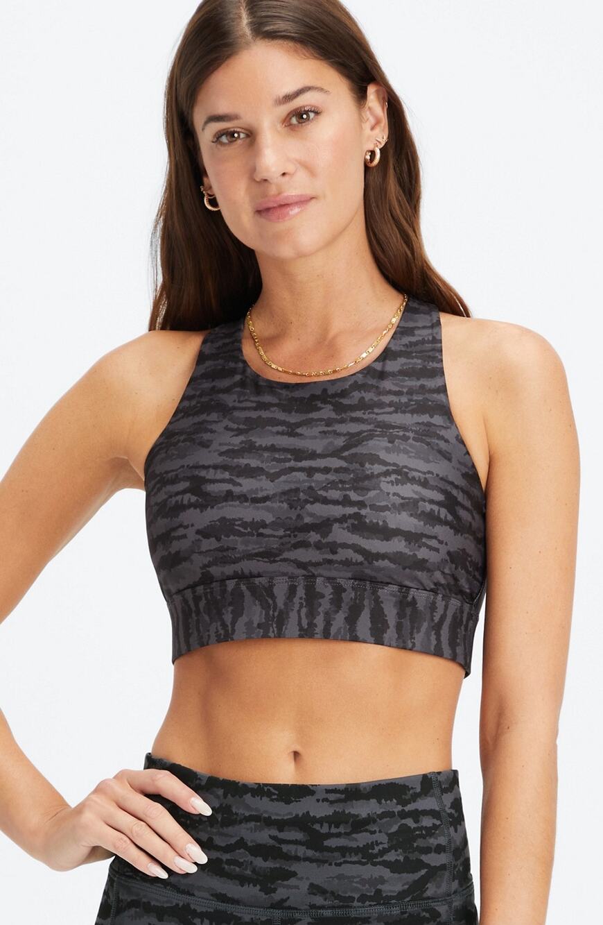 Fabletics No-Bounce High Impact Cross Back Camo Sports Bra Pewter Tigress M